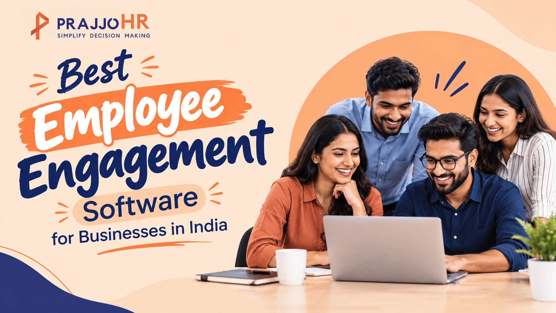 Best employee engagement software for businesses in India, with Prajjo HR branding and employees collaborating on a laptop.