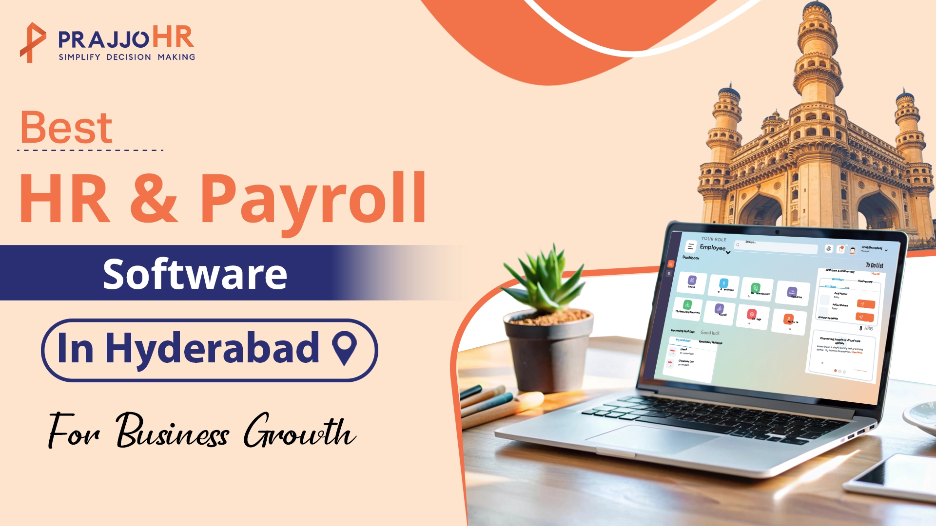 PrajjoHR HR and Payroll Software with an HR management dashboard on a laptop.