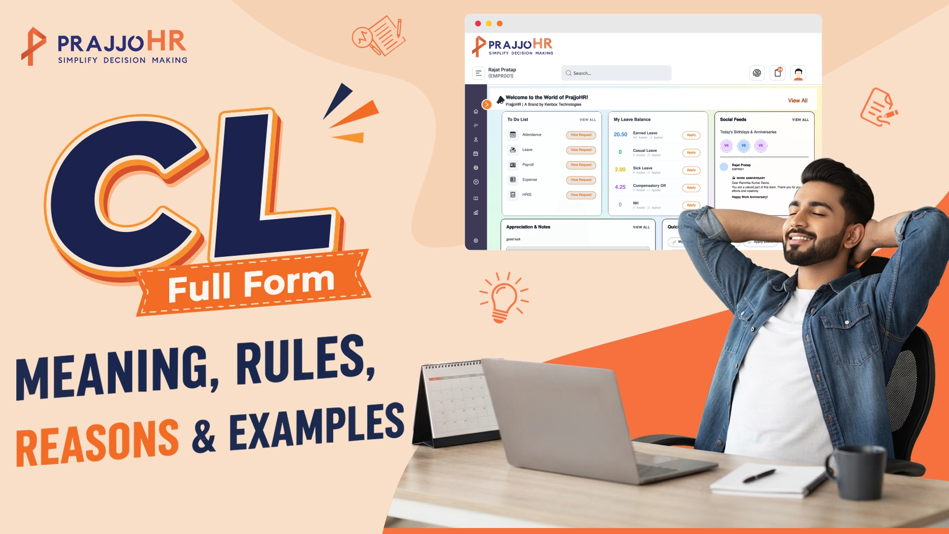 PrajjoHR casual leave infographic with HR dashboard and employee