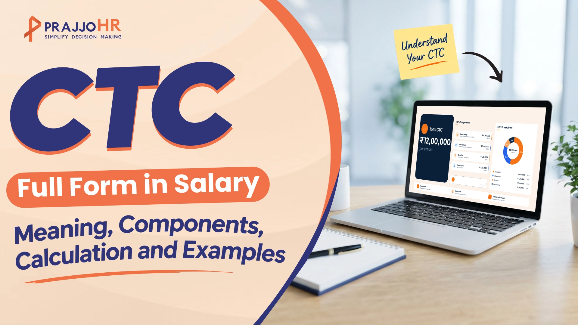 Illustration of CTC salary details displayed on a laptop with a salary breakdown dashboard.