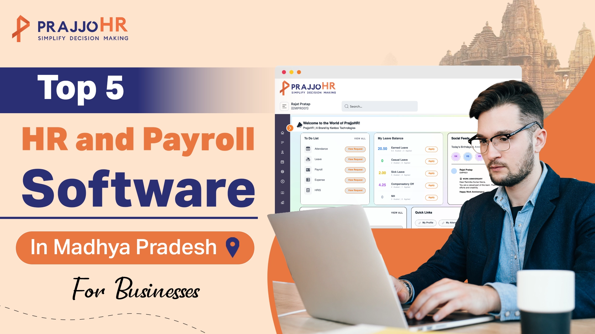 Top 5 HR Software in Madhya Pradesh and Payroll Software in Madhya Pradesh for businesses featuring the PrajjoHR HRMS dashboard.